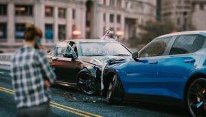 A woman makes a phone call at the accident scene where an Uber driver collides with her car in New York.